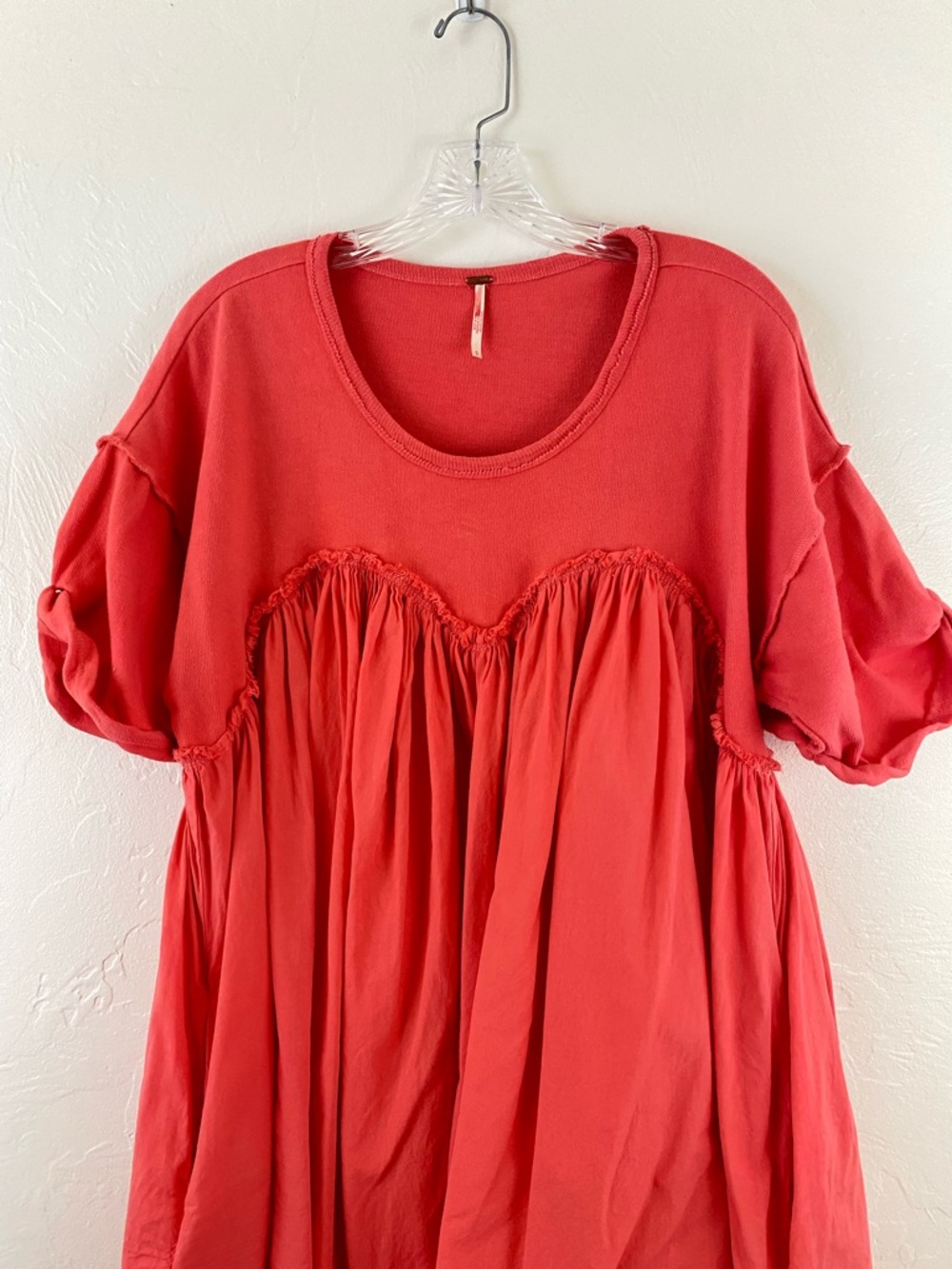 Free People Size Small Coral Orange Cotton Knit Short Sleeve Pleaded Mini Dress - Picture 2 of 5